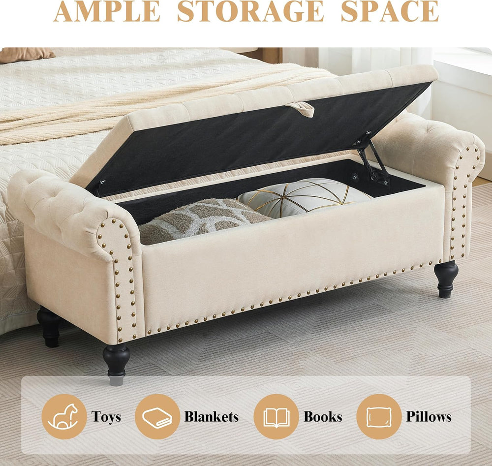51" Storage Bench for Bedroom, Upholstered Ottoman Bench, Chenille Beige