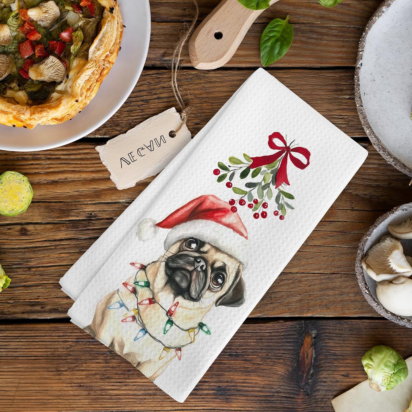 Funny Christmas Pug Dog Kitchen Towels, Pugs Gifts for Pugs Lovers Women Kids Men, Mistletoe Pug Christmas Ornament Decor Dish Hand Tea Towels Accessories Stuff for Bathroom Kitchen, 16x24 In