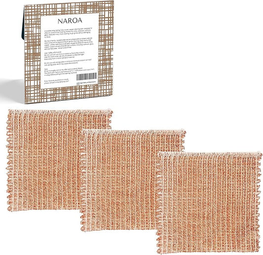 Naroa Copper Scrubbing Pads 3 Pack | 2-Ply Non-Abrasive Metal Mesh Scrubber | by Naroa