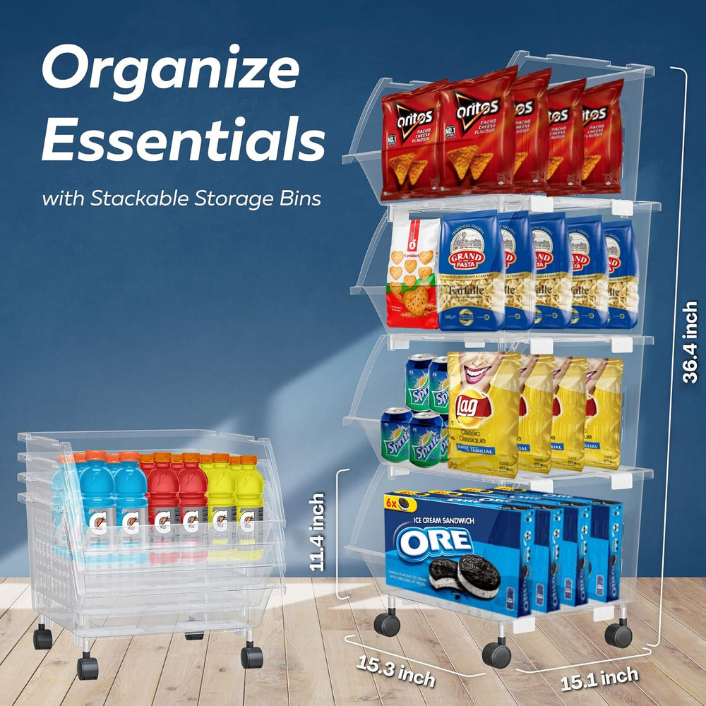 Large Stackable Storage Bins Open Front with Wheels, 4 Pack - Clear