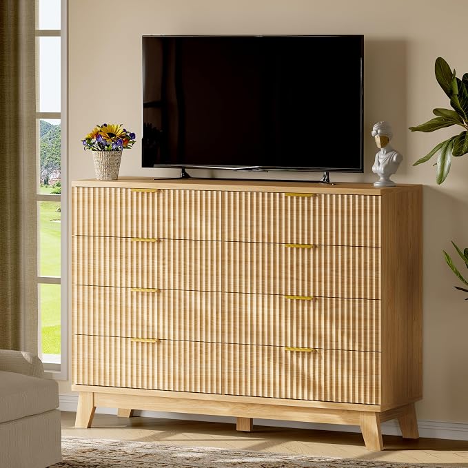 Fluted Dresser with 8 Drawers, Wooden Dresser TV Stand, Wood Closet Clothes - Image 7