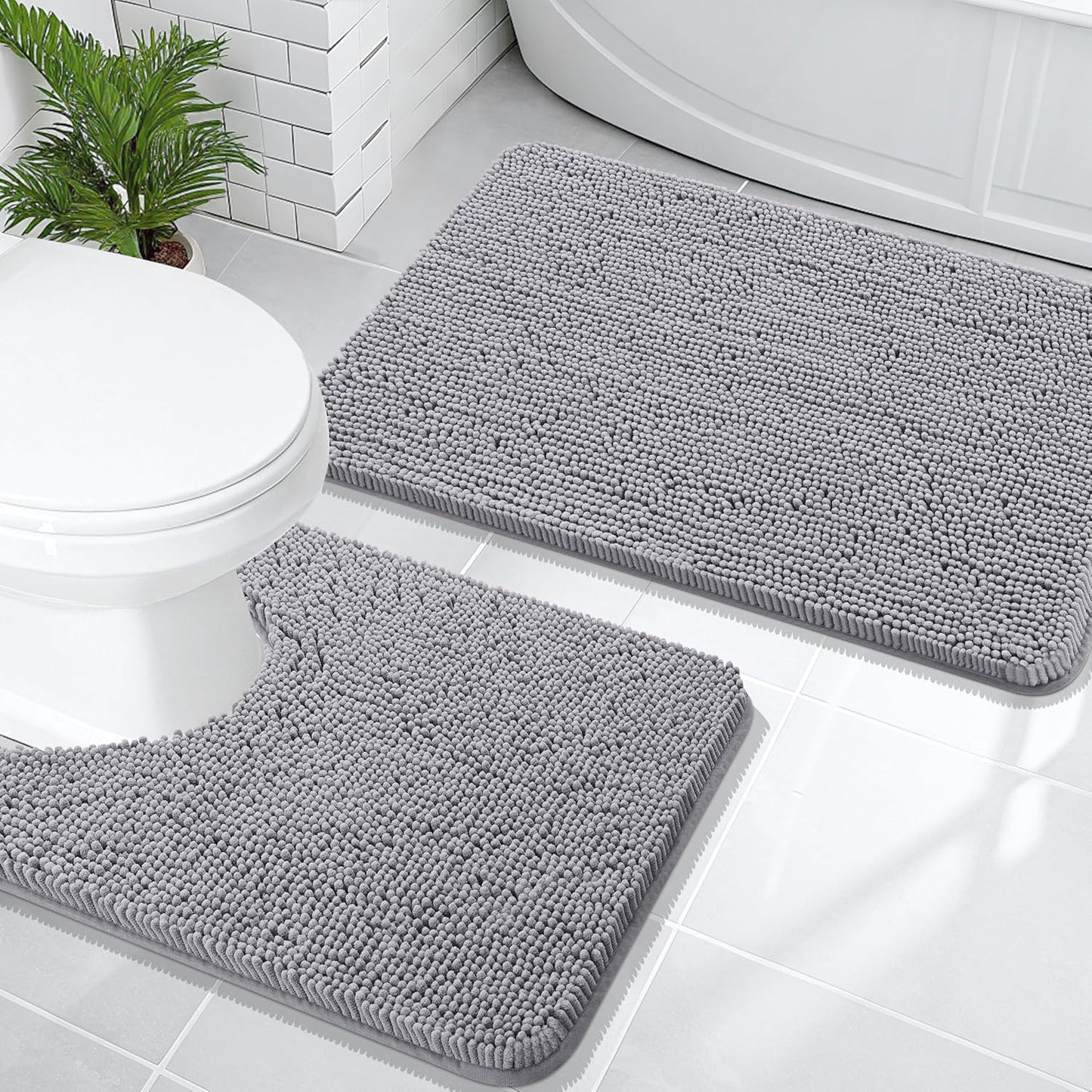 OLANLY Bathroom Rugs Sets 2 Piece, Soft Absorbent Chenille Bath Mats and U-Shaped Contour Toilet Mat Area Rug Set, Machine Washable Bath Carpet, Home Decor Accessories (30"x20"+24"x20", Grey)