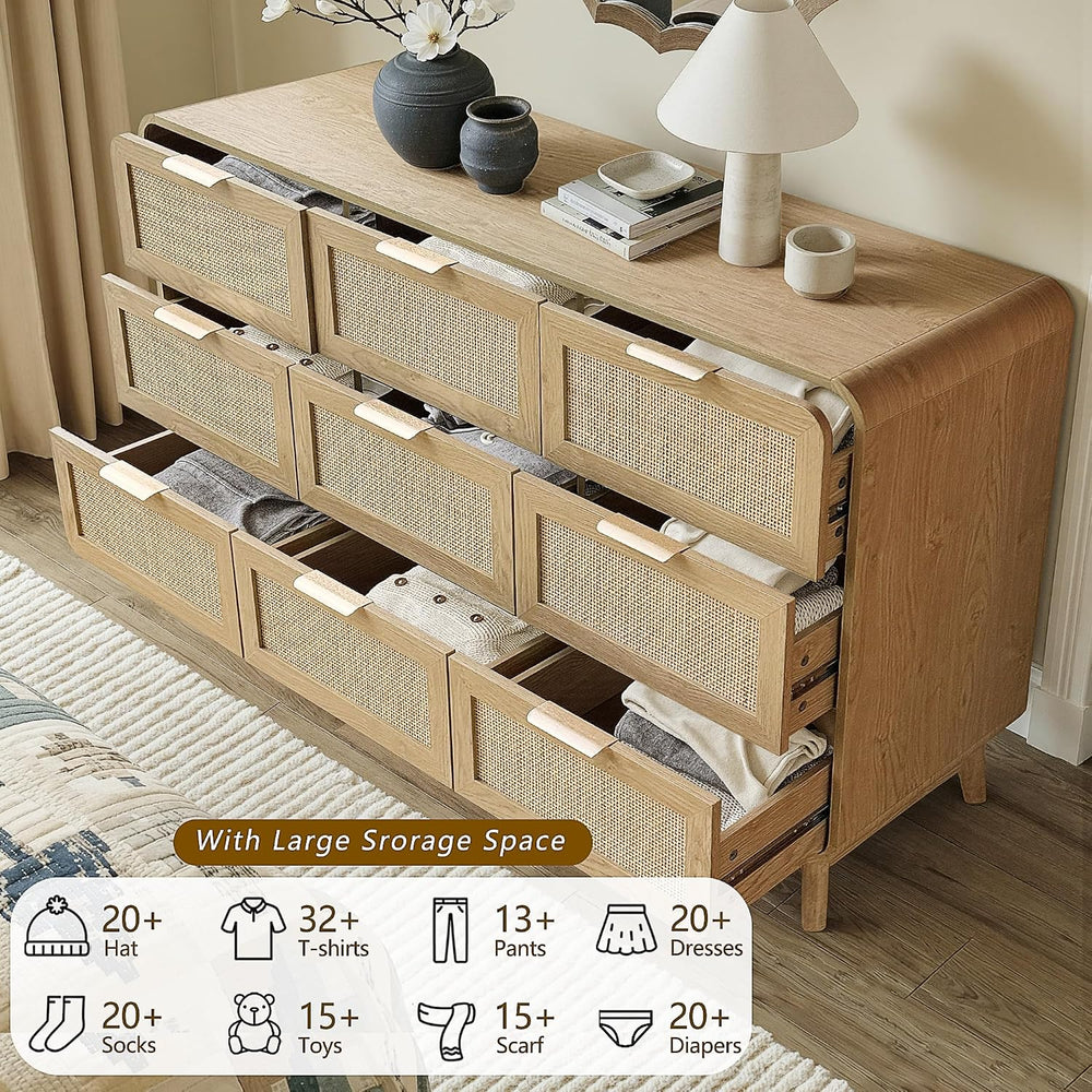 FORTUNETEC Rattan Dresser with Storage, Modern Farmhouse 9 Drawer Dresser, 55...