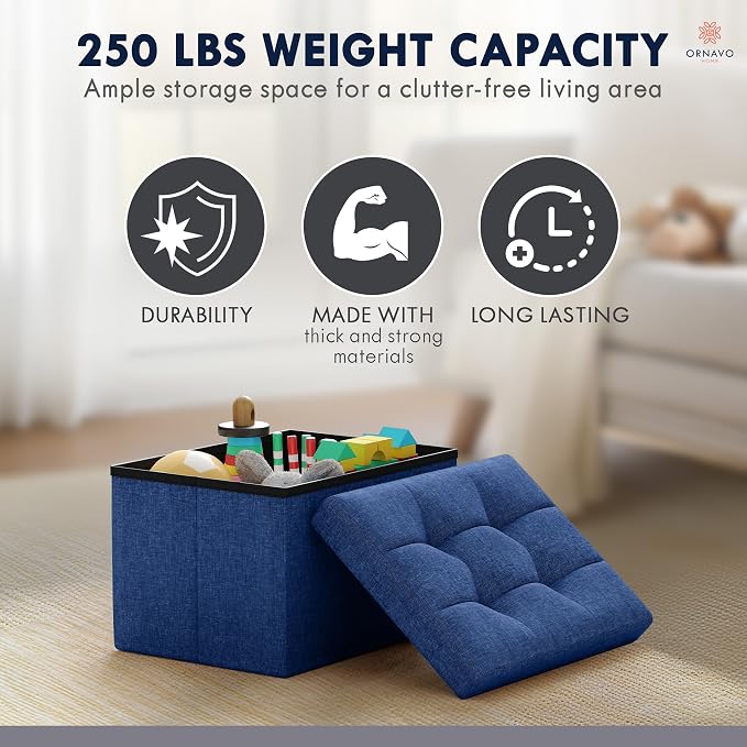 Ornavo Home Small Storage Ottoman Foldable Collapsible Rectangle Linen Ottoman - Image 7