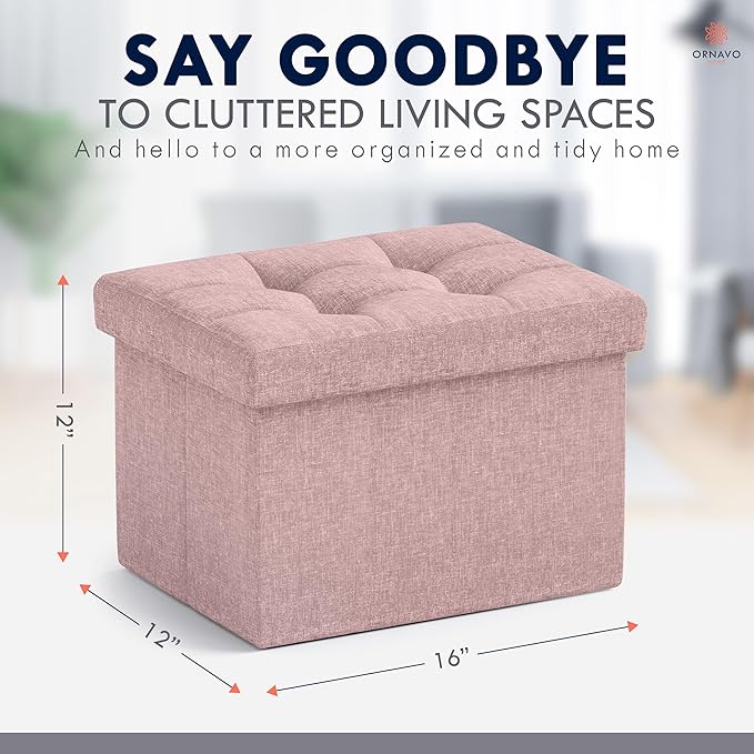 Ornavo Home Small Storage Ottoman Foldable Collapsible Rectangle Linen Ottoman - Image 2