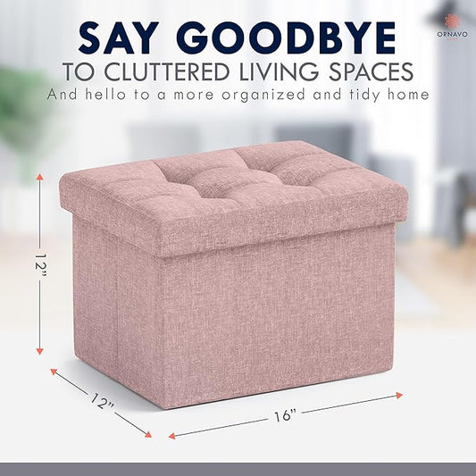 Ornavo Home Small Storage Ottoman Foldable Collapsible Rectangle Linen Ottoman - Image 2