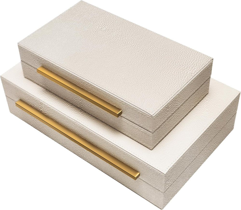 Sagala Set of 2 Beige Shagreen Decorative Boxes With Gold Metal Handles, Faux...