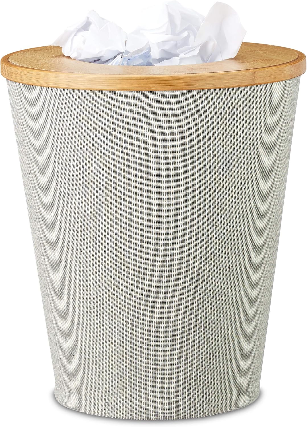 Relaxdays Bamboo Trash Can, Round Waste Bin with Insert and Magnetic Lids, 35 cm Tall, Natural/Grey