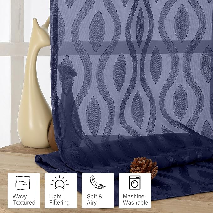 Aiyufeng Blue Valances for Windows, Chic Wavy Line Clip Jacquard Voile Sheer - Image 2