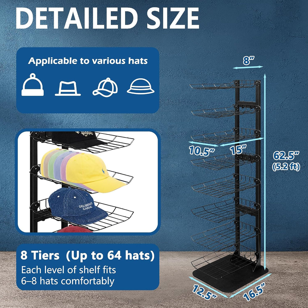 Hat Display 8 Tier, Hat Rack Stand Up to 70 Caps, Metal Hat Stands for Multip...