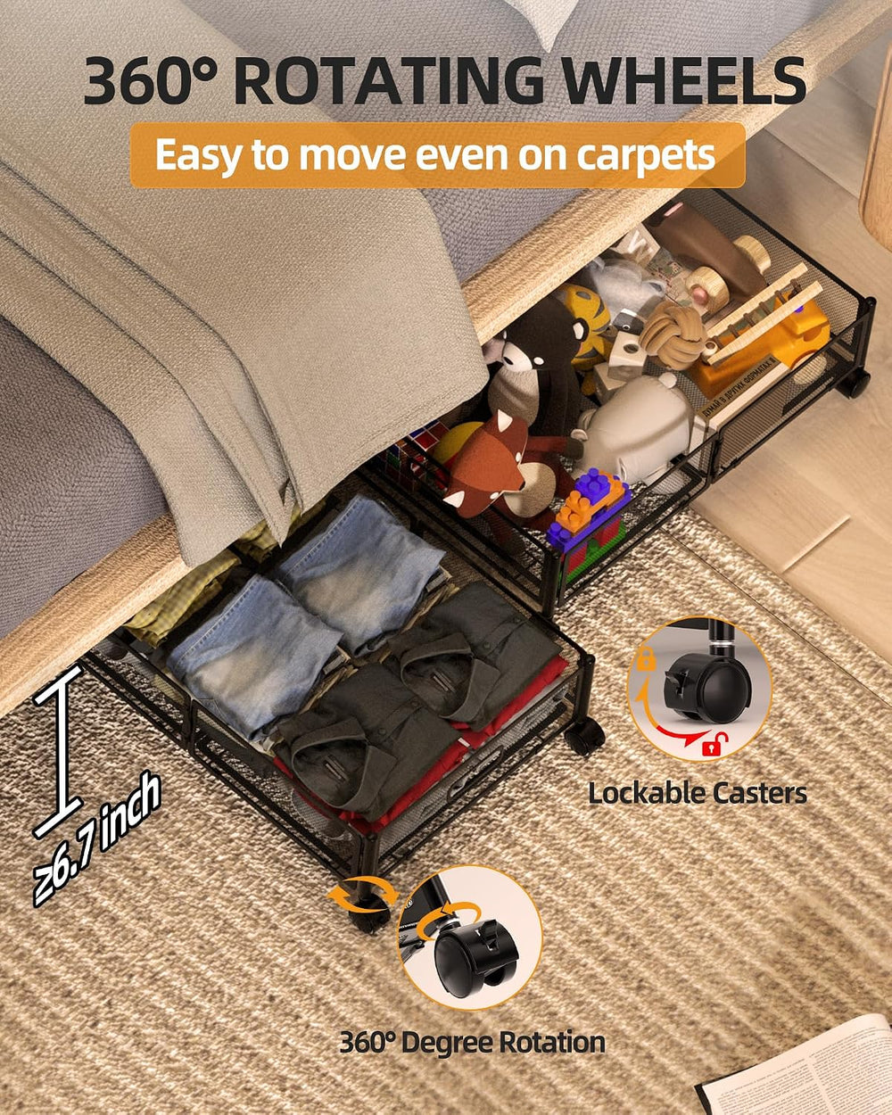 Under Bed Organizer, Storage Bins Under Bed, 60L Underbed Storage Bins for Be...