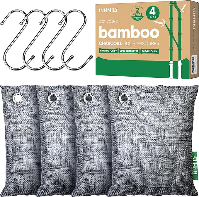 Activated Charcoal Odor Absorber, Large 4x200g w Hooks Nature Odor Eliminator by Innmily