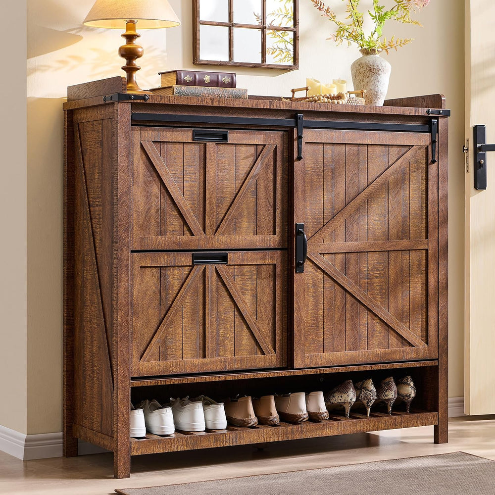 OKD Shoe Storage Cabinet with 2 Flip Drawers & Sliding Door, Farmhouse En...