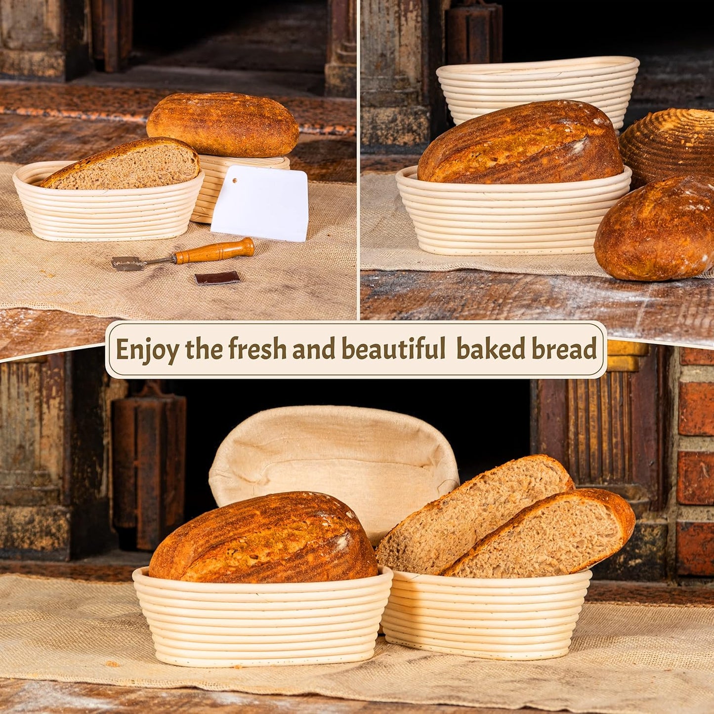 11" Oval Banneton Proofing Basket Set of 2 - Sourdough Starter Kit with Bread Lame, Danish Whisk, Metal & Bowl Scrapers, Cleaning Brush - Professional Artisan Baker Gift Set