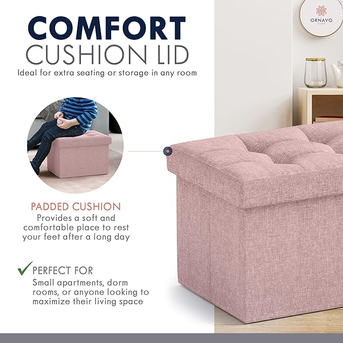 Ornavo Home Small Storage Ottoman Foldable Collapsible Rectangle Linen Ottoman - Image 6