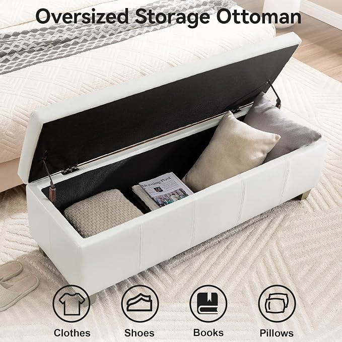 51" Faux Leather Storage Ottoman, Stitch Tufted Rectangle Upholstered End of - Image 3