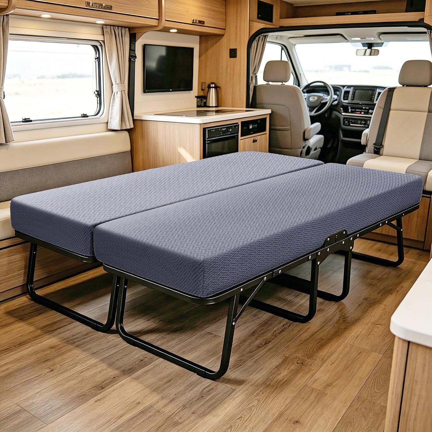 RV Couch Covers for Sofa Bed, 2 PCS Backrest and Seat Slipcovers and 2 PCS Throw Pillow Covers, Stretchable Slipcovers for Jackknife Sleeper Sofas (Grayish Blue)