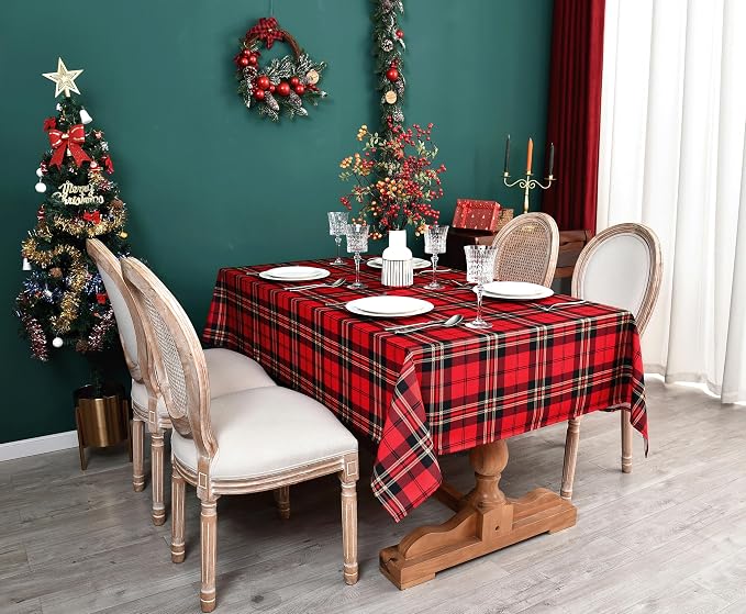Red Tartan Waterproof Plaid Christmas Tablecloth Fabric by Essifunia