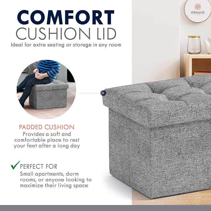 Ornavo Home Small Storage Ottoman Foldable Collapsible Rectangle Linen Ottoman - Image 6