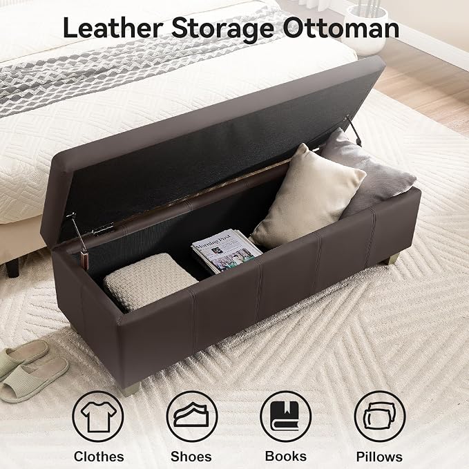 41" Faux Leather Storage Ottoman, Stitch Tufted Rectangle Upholstered End of - Image 3