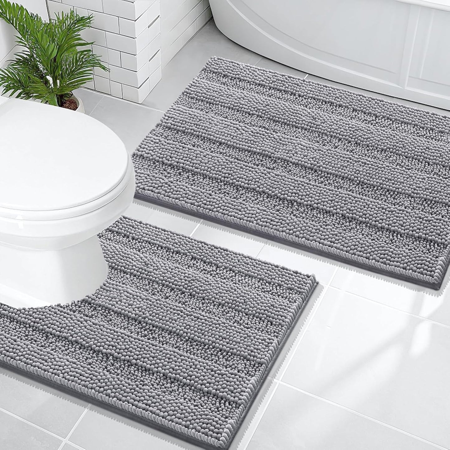 OLANLY Thick Bathroom Rugs Sets 2 Piece, Soft Absorbent Chenille Striped Bath Mats and U-Shaped Contour Toilet Rug, Machine Washable Bath Carpet, Home Decor Accessories(30"x20"+24"x20", Grey)