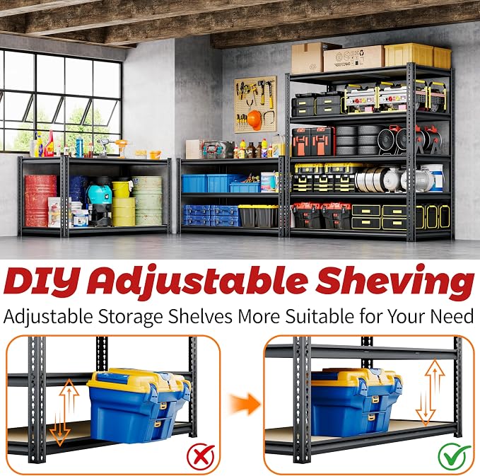 72" H Storage Shelves Heavy Duty, 2200LBS Garage Shelving, 5 Tier Metal - Image 7