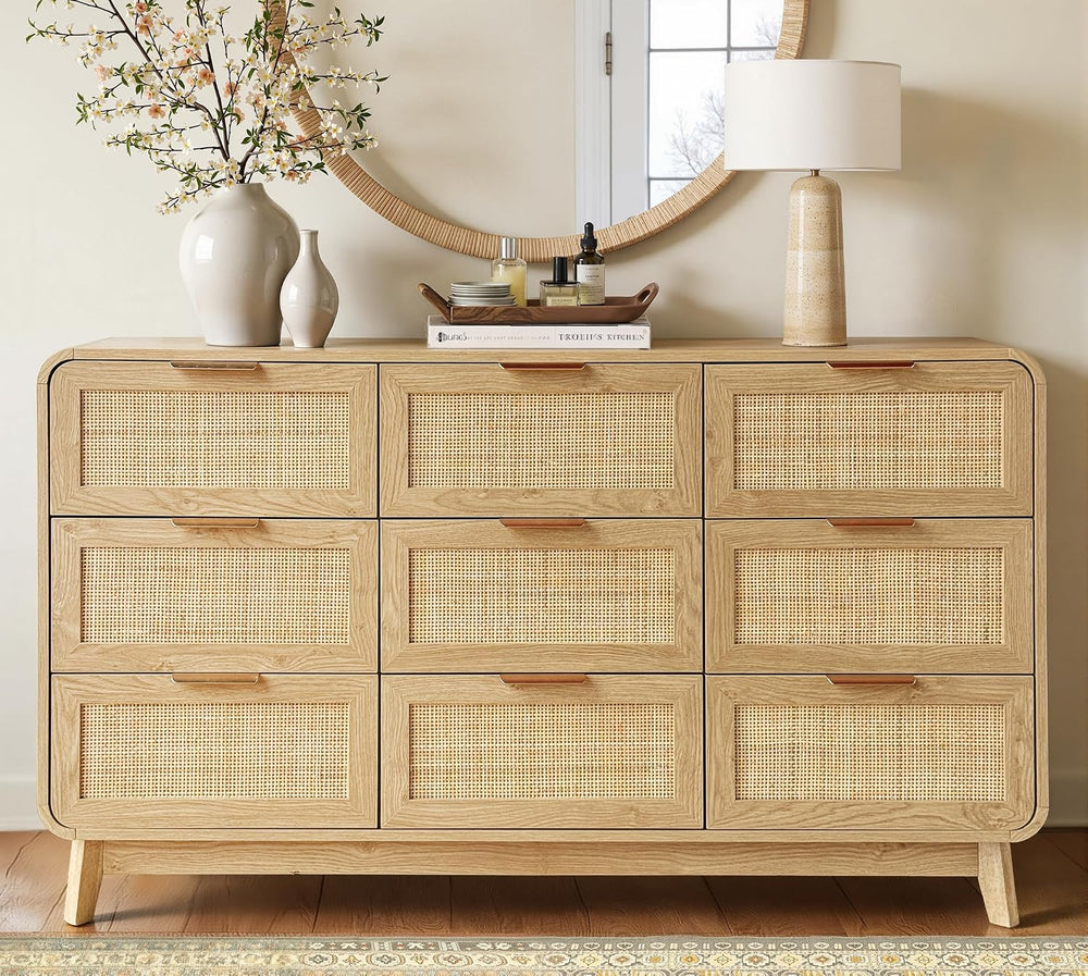 FORTUNETEC Rattan Dresser with Storage, Modern Farmhouse 9 Drawer Dresser, 55...