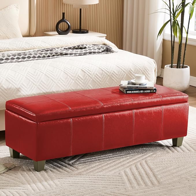 51" Faux Leather Storage Ottoman, Stitch Tufted Rectangle Upholstered End of by WUTUTUEE