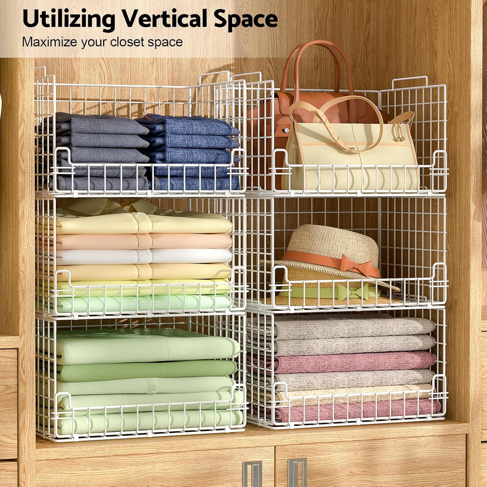 4-Tier Stackable Closet Organizers and Storage Basket - Foldable Closet Shelf...
