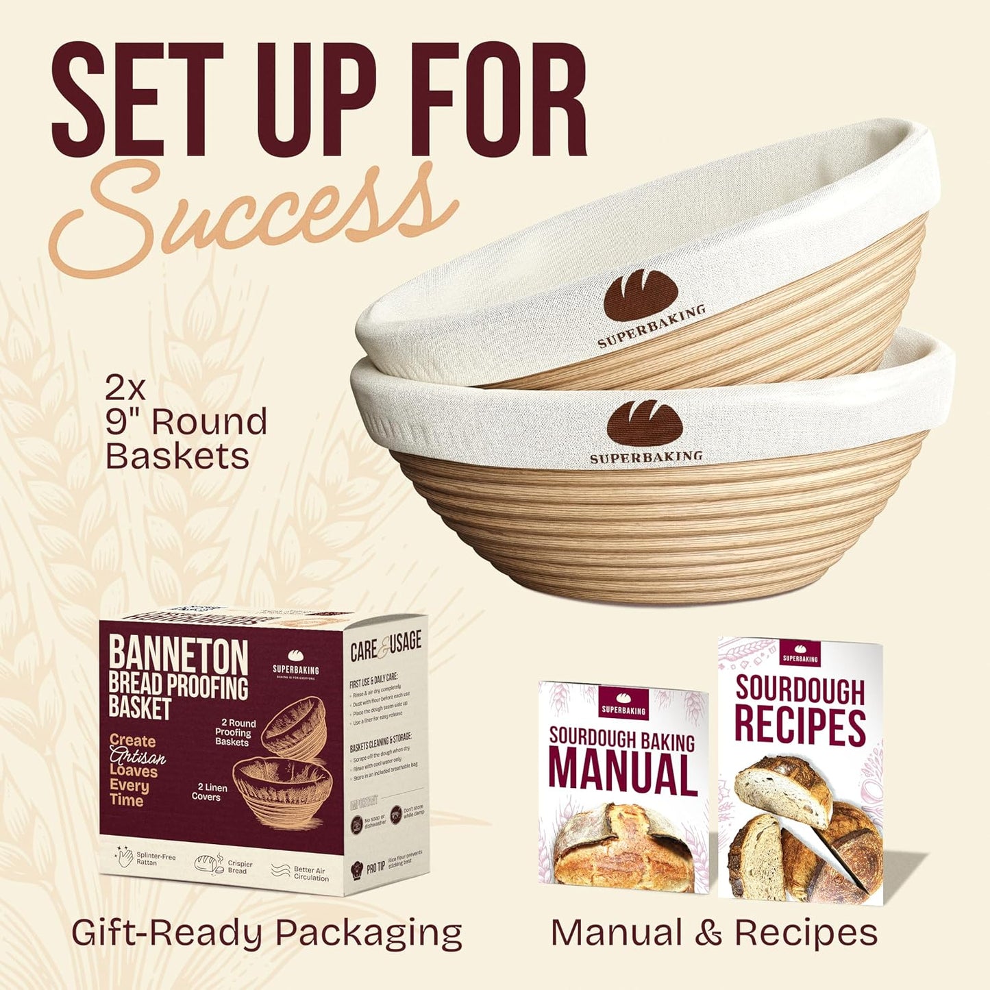 Superbaking Sourdough Starter Kit, 9" Round Banneton Set of 2 | Bread Proofing Basket, Sourdough Bread Baking Supplies, Bread Making Tools