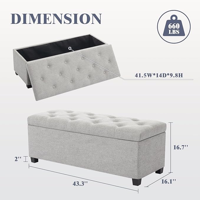 43’’ Storage Ottoman Bench, Linen Entryway Benches Load up to 660 Lb, Modern - Image 2