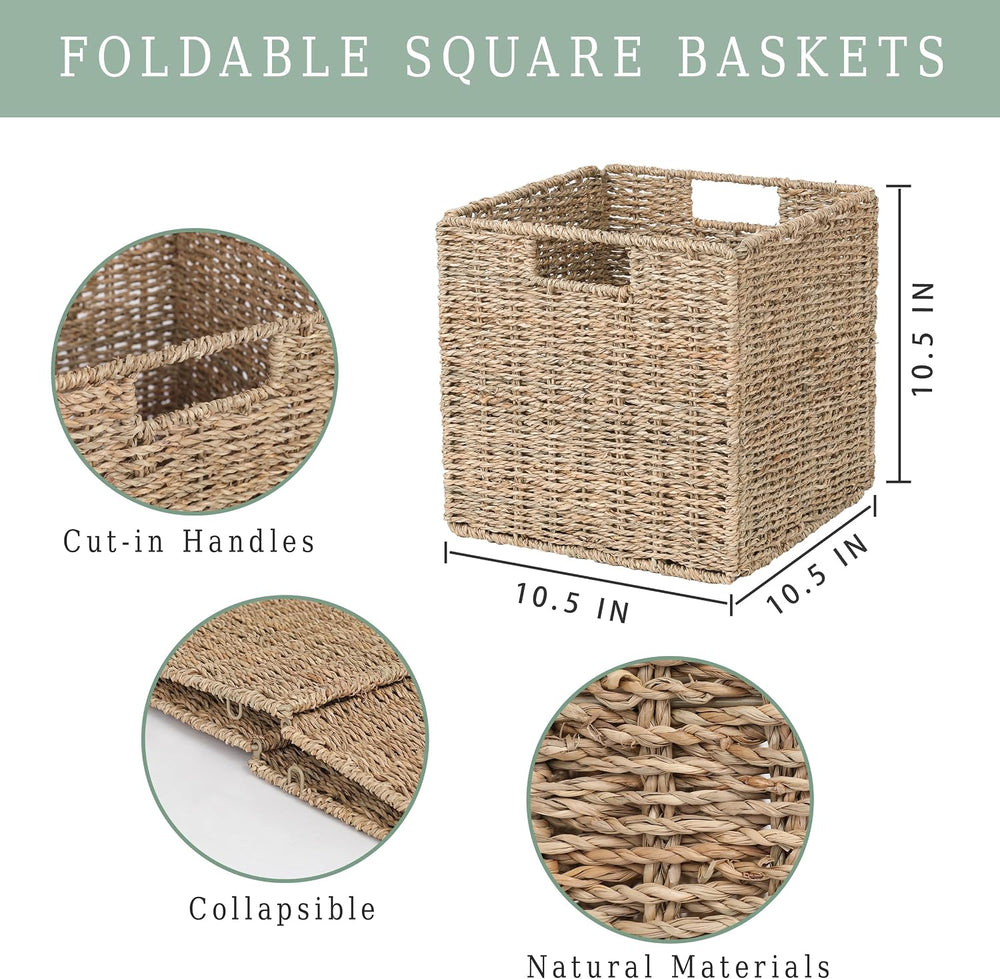 10.5 x 10.5in Cube Seagrass Storage Baskets, Foldable Square Wicker Storage B...