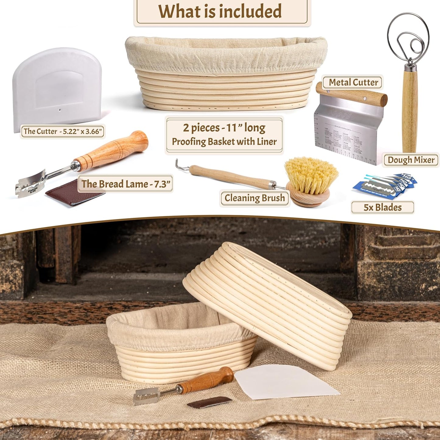 11" Oval Banneton Proofing Basket Set of 2 - Sourdough Starter Kit with Bread Lame, Danish Whisk, Metal & Bowl Scrapers, Cleaning Brush - Professional Artisan Baker Gift Set