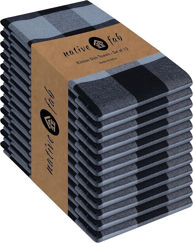 Native Fab 12 Pack Buffalo Check Kitchen Dish Towels, Washable 16"x26" by NativeFab
