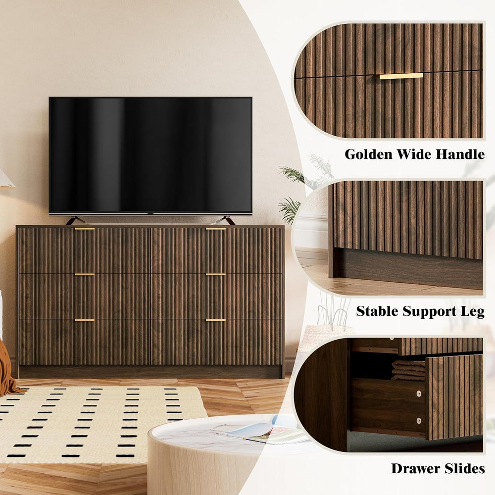 Furniway Walnut Dresser for Bedroom, Modern Dresser with 6 Drawers and Smooth...