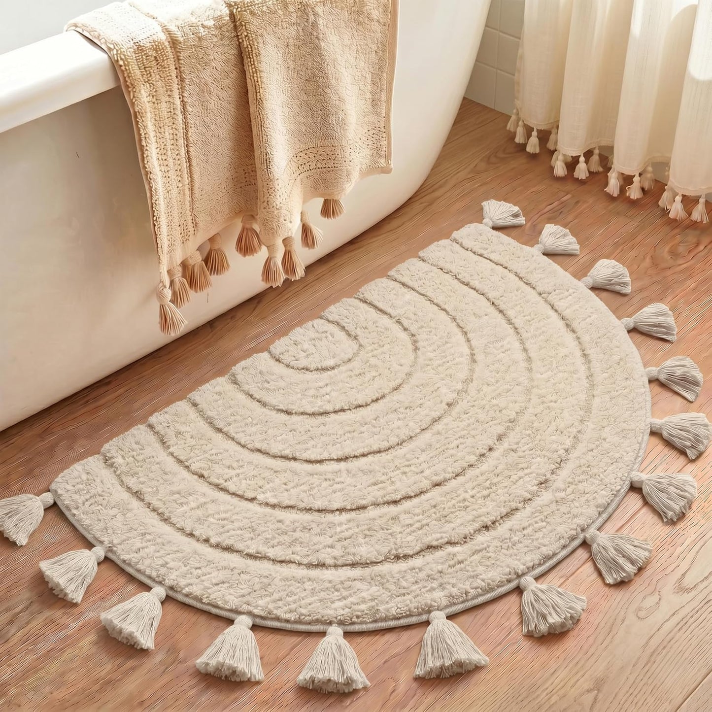 Cute Boho Bathroom Rug with Tassels, Non Slip Absorbent Plush Soft Half Circle Bath Mat, Hand-Woven Fun Semicircle Bath Rug for Bathroom Floor, Bohemian Decor, Machine Washable, 20"x32", Beige