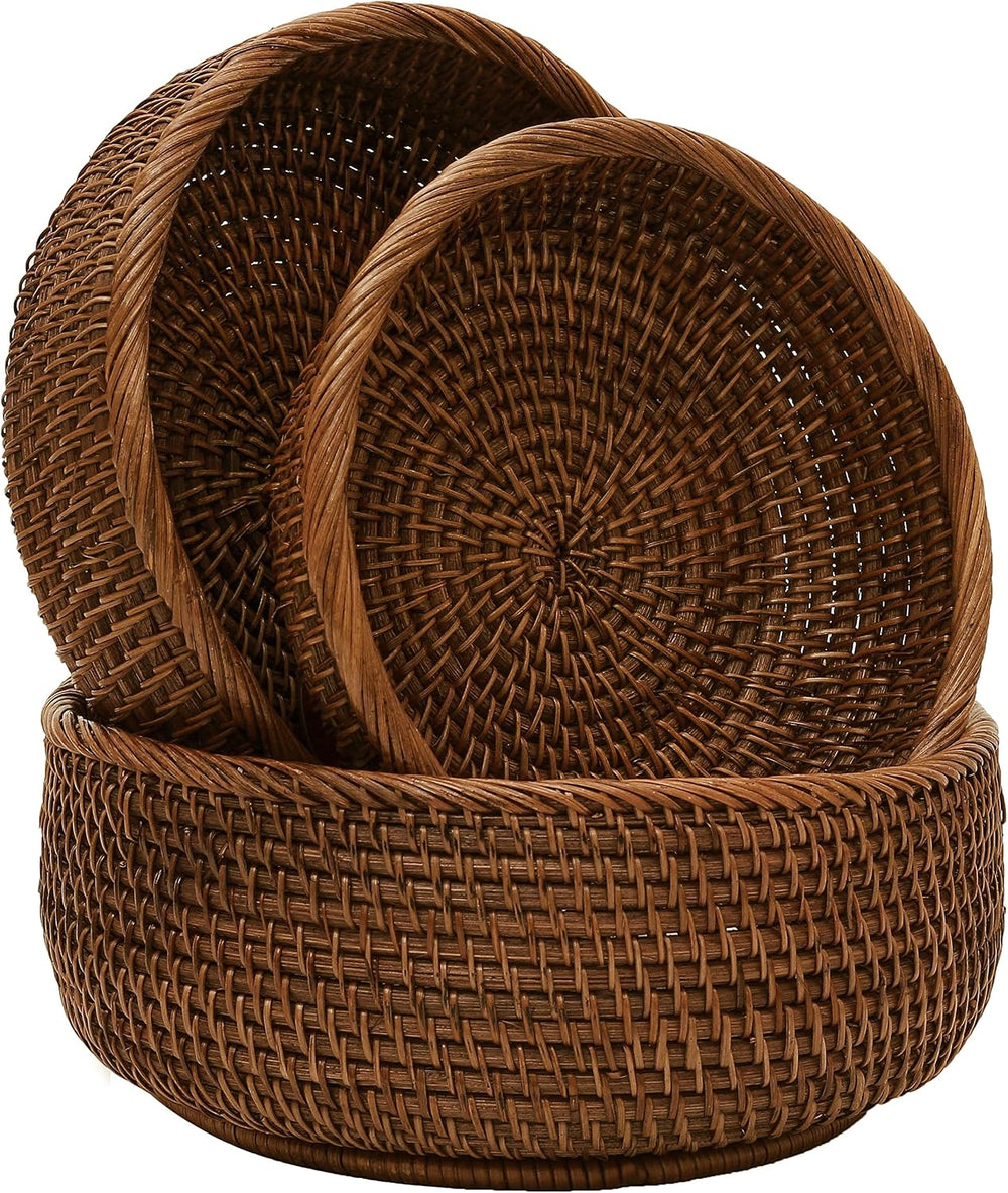 Rattan Bread & Fruit Serving Baskets Set of 3, Round Wicker Baskets for K...