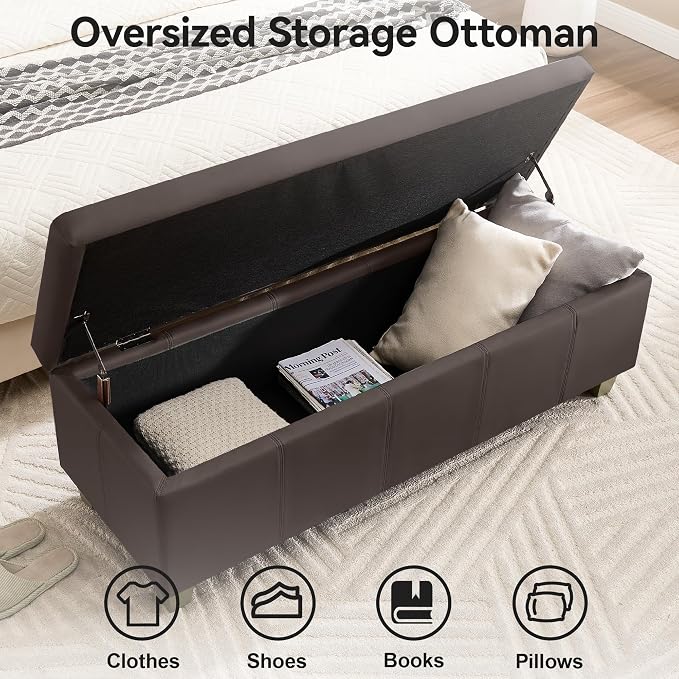 51" Faux Leather Storage Ottoman, Stitch Tufted Rectangle Upholstered End of - Image 3