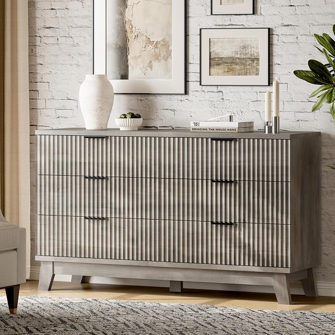 Fluted Dresser with 6 Drawers, Wooden Dresser TV Stand, Wood Closet Clothes - Image 3