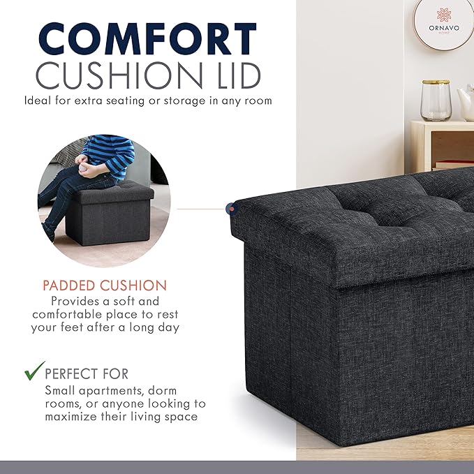 Ornavo Home Small Storage Ottoman Foldable Collapsible Rectangle Linen Ottoman - Image 6