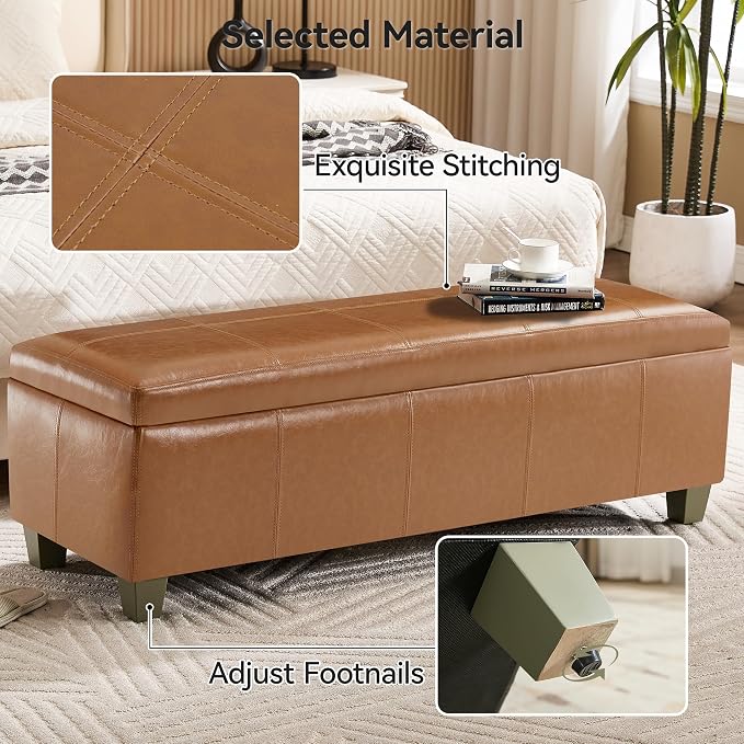 51" Faux Leather Storage Ottoman, Stitch Tufted Rectangle Upholstered End of - Image 4