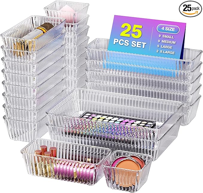 25 PCS Clear Plastic Drawer Organizer Set by Okylvve