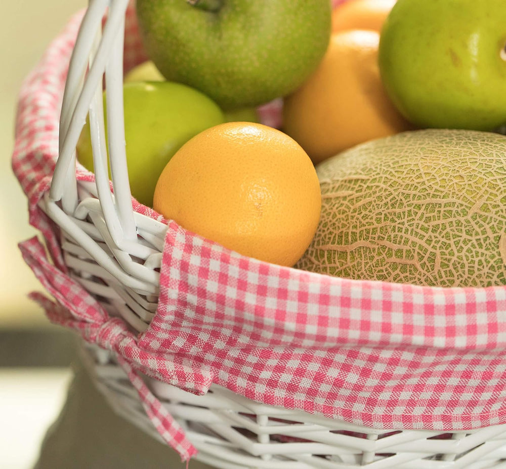 White Round Willow Gift Basket with Pink Gingham Liner & Handle, Mediun –...