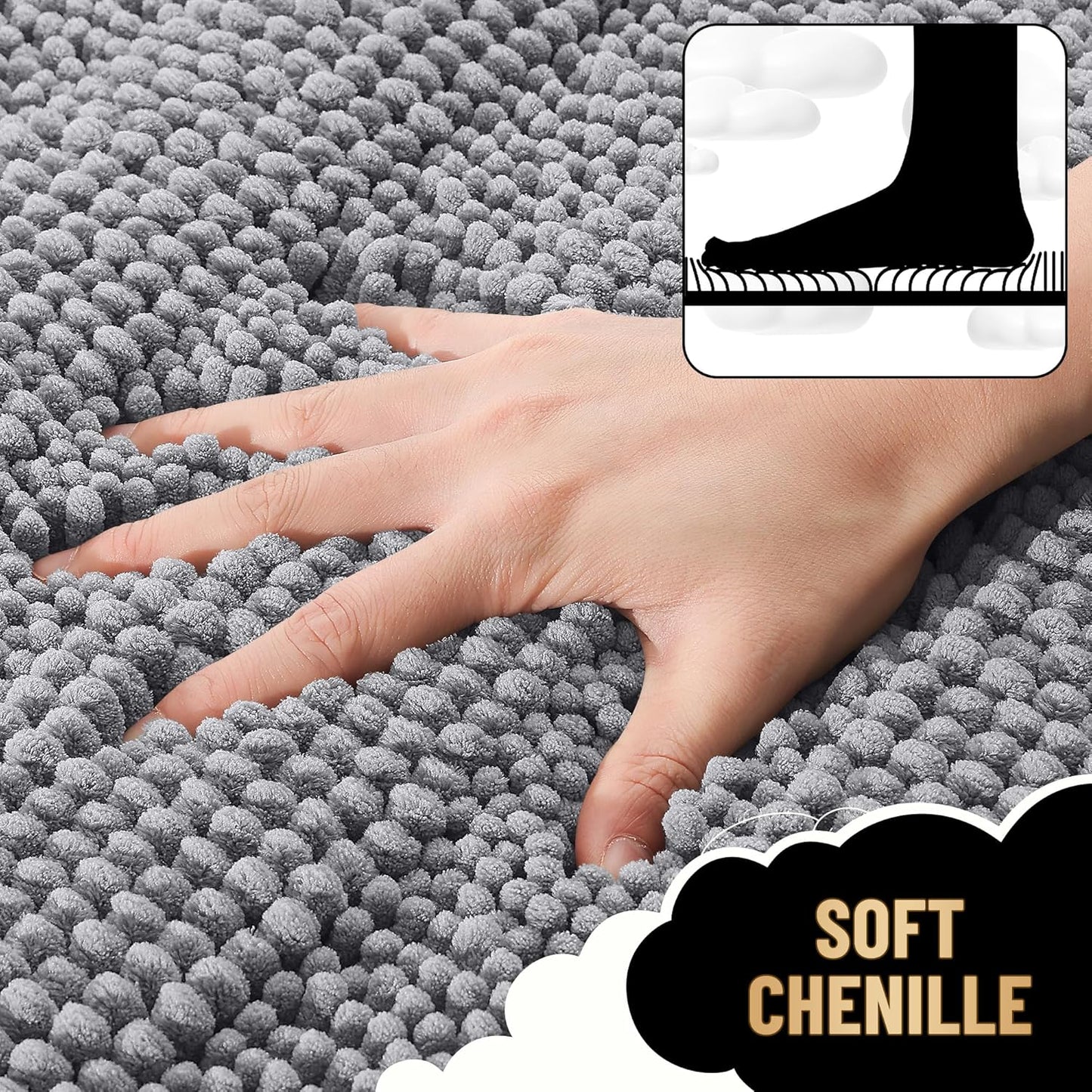 OLANLY Thick Bathroom Rugs Sets 3 Piece, Absorbent Chenille Striped Bath Mats and U-Shaped Contour Toilet Rug, Home Decor Accessories, Bath Mat Set for Bathroom (30"x20"+24"x16"+24"x20", Grey)