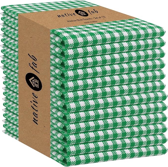 Native Fab Set of 12 Gingham Mini Check Kitchen Towels 16"x26" by NativeFab