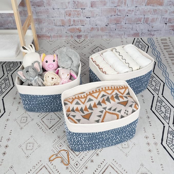 White and Blue Cotton Rope storage Basket Bins Woven Basket - Image 5