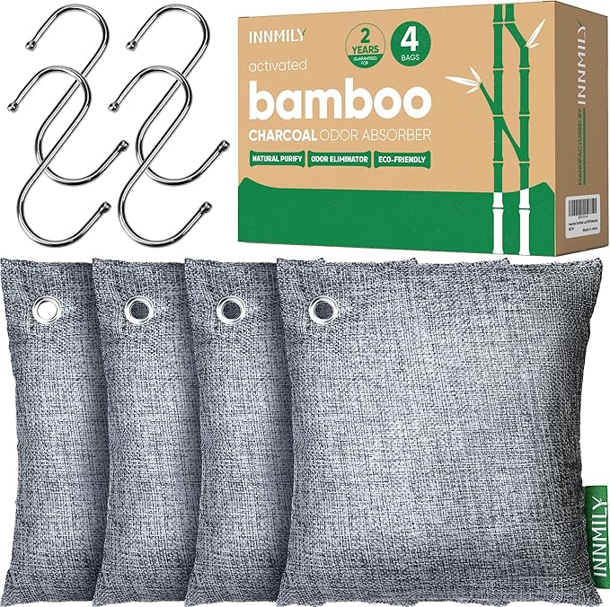 Activated Charcoal Odor Absorber, Large 4x500g w Hooks Nature Odor Eliminator by Innmily