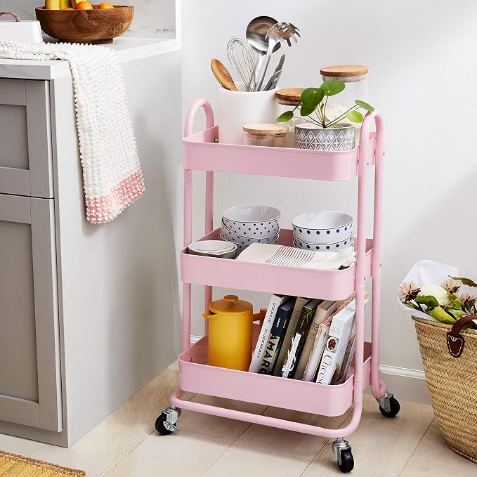 Amazon Basics 3-Tier Rolling Utility or Kitchen Cart, Lockable Wheels, Dusty - Image 6