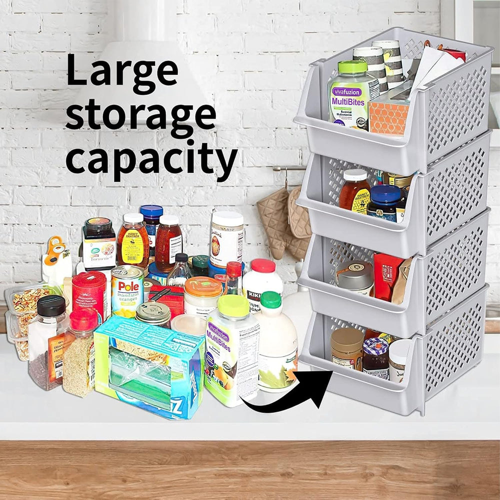 Stackable Storage Bins Open Front for Pantry Storage, 4 Pack - Light Grey