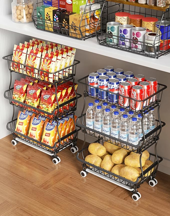 3-Tier Rolling Pantry Floor Organizer and Storage Cart by OKZEST